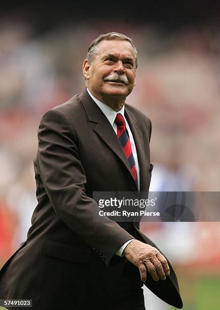 Legend Ron Barassi looks on during the round five AFL match between the Melbourne Demons and the Kangaroos at the Melbourne Cricket Ground April 29,...