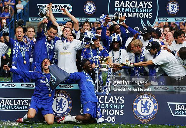 The Chelsea team celebrate winning the Barclays Premiership title after the match between Chelsea and Manchester United at Stamford Bridge on April...