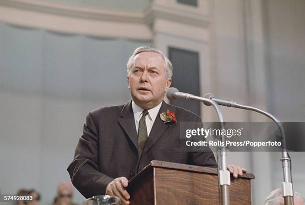 British Labour Party politician and Prime Minister of the United Kingdom, Harold Wilson makes a speech from the platform at the Labour Party annual...