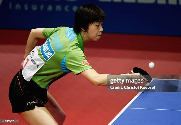 Yining Zhang of China plays a forehand against Veronika Pavlovich of Belarus in the women half-final during the sixth day of the Liebherr World Team...