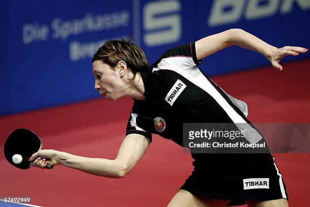 Veronika Pavlovich of Belarus plays a forehand against Yining Zhang of China in the women half-final during the sixth day of the Liebherr World Team...