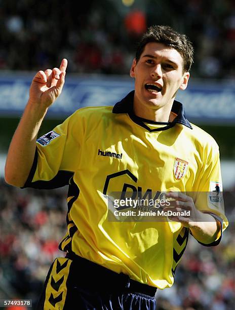 Gareth Barry of Villa celebrates his goal during the Barclays Premiership match between Liverpool and Aston Villa at Anfield on April 29, 2006 in...