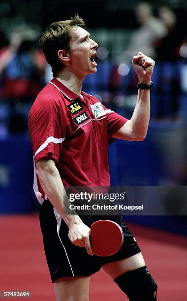 Werner Schlager of Austria celebrates his 3-1 victory against Ch Yan Leung of Honk Kong in the mens quarter-final during the sixth day of the...