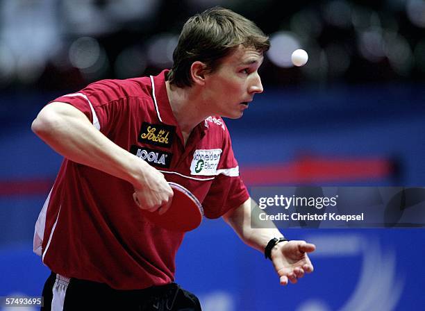 Werner Schlager of Austria serves againsty Chu Yan Leung of Honk Kong in the mens quarter-final during the sixth day of the Liebherr World Team Table...
