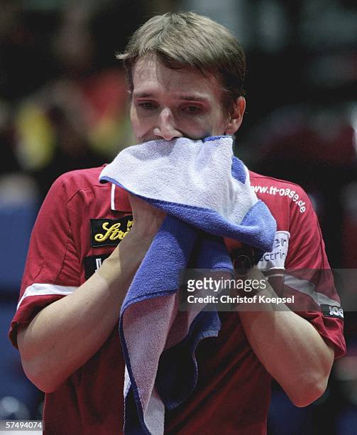 Werner Schlager of Austria looks disappointed to lose the match 1-3 against Ching Li of Hong Kong in the mens quarter finals during the sixth day of...