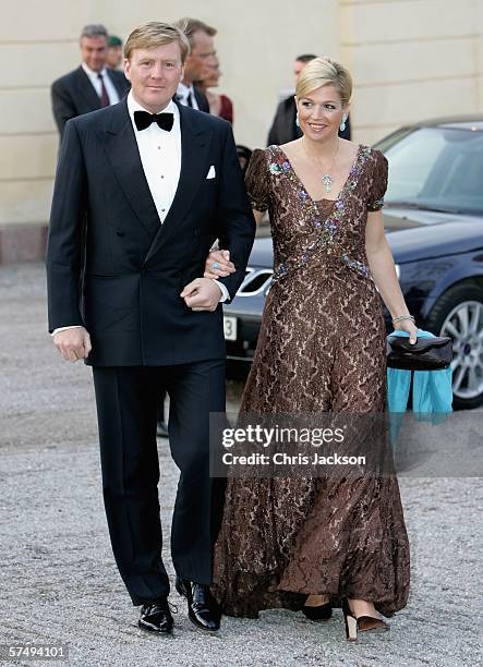 Prince Willem-Alexander of the Netherlands and Princess Maxima of the Netherlands arrives for H.M. King Carl XVI Gustaf's private dinner to celebrate...