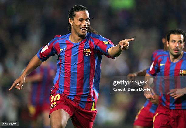 Ronaldinho of Barcelona celebrates after scoring Barcelona's first goal during the Primera Liga match between Barcelona and Cadiz at the Camp Nou...