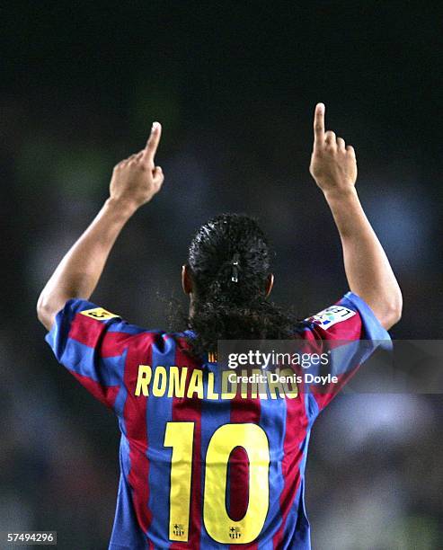 Ronaldinho of Barcelona celebrates after scoring Barcelona's first goal during the Primera Liga match between Barcelona and Cadiz at the Camp Nou...