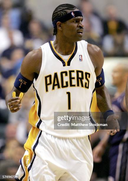 Stephen Jackson of the Indiana Pacers reacts to being called for a foul while playing the New Jersey Nets in game four of the Eastern Conference...