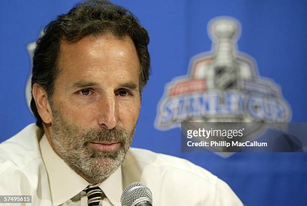John Tortorella of the Tampa Bay Lightning speaks at a press conference after Game 5 of the Eastern Conference Quarter-finals of the Stanley Cup...
