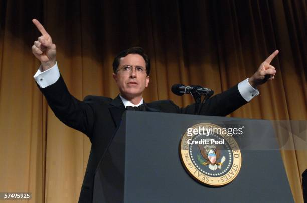 Comedian Stephen Colbert entertains guests at the White House Correspondents' Dinner April 29, 2006 in Washington, DC.