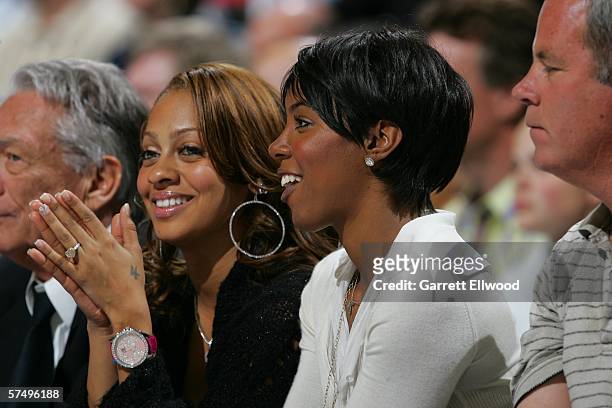La La Vaquez and Kelly Rowland of Desiny's Child fame watch the Los Angeles Clippers versus Denver Nuggets in game four of the Western Conference...