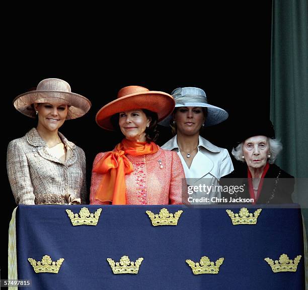 Princess Victoria of Sweden, Queen Silvia of Sweden , Princess Madeleine of Sweden and Princess Lilian of Sweden are seen on the balcony during the...