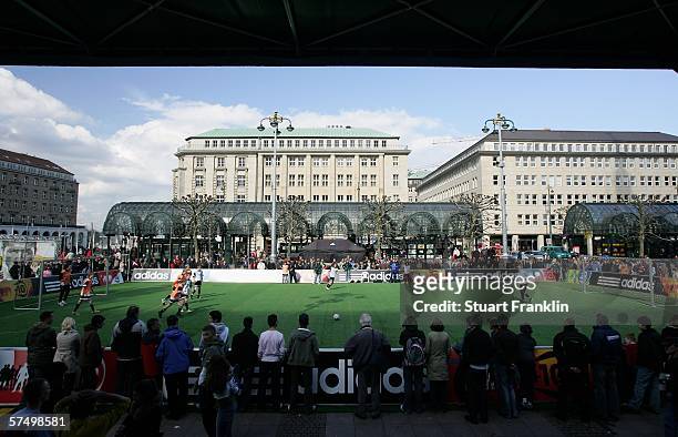 Action in Hamburg's Rathaus markt from the 15 -16 years old boy final match between Hamburg and Schleswig Holstein during the Adidas +10 Challenge on...