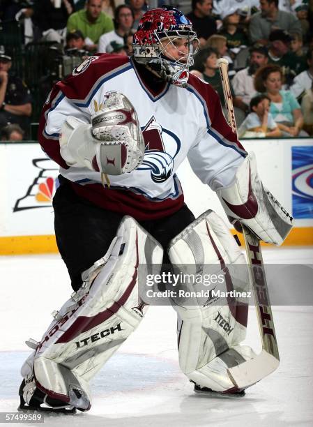 Jose Theodore of the Colorado Avalanche readies himself against the Dallas Stars in game five of the Western Conference Quarterfinals of the 2006 NHL...
