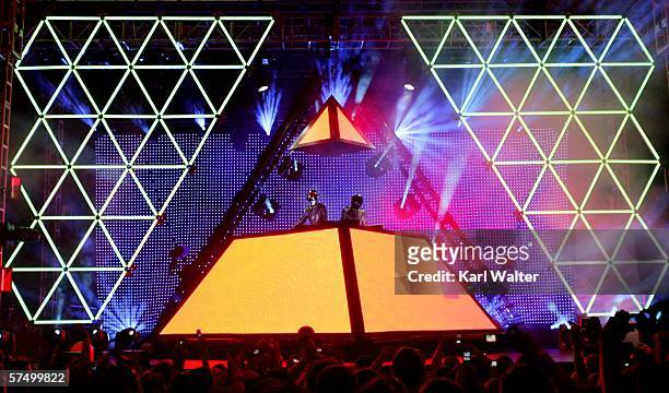 Daft Punk performs at the Coachella Music Fesival on April 29, 2006 in Indio, California.