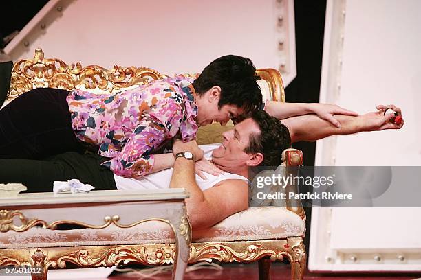 Entertainers Caroline O'Connor and Michael Cormick perform during a media call for the stage production of "End Of The Rainbow" at the Theatre Royal...