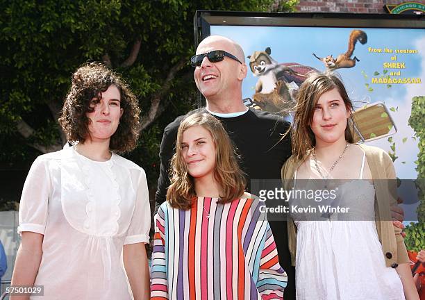 Actor Bruce Willis and his daughters Rumer, Tallulah and Scout arrive at the premiere of DreamWorks' "Over The Hedge" at the Village Theater on April...