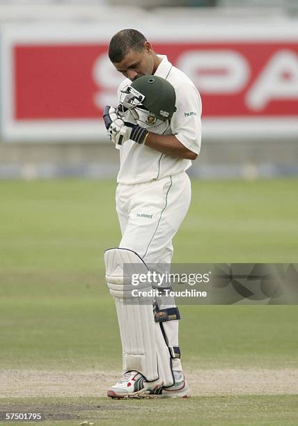 Ashwell Prince of South Africa celebrates scoring his century during the fifth day of the second Test match between South Africa and New Zealand at...