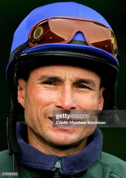 Jockey Alex Solis fields questions from the media after riding Brother Derek during morning workouts in preparation for the 132nd Kentucky Derby May...