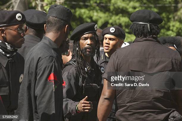 New Black Panther Party members gather outside Duke University to discuss rape allegations and racism May 1, 2006 in Durham, North Carolina. The...