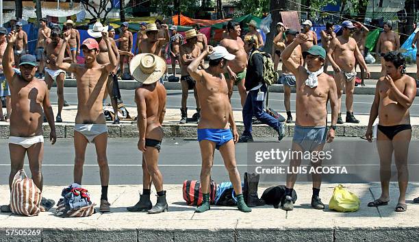 Peasants members of the indigenous activist group "400 Pueblos", strip off to stand a protest at Mexico City's Reforma Avenue 01 May, 2006 during the...