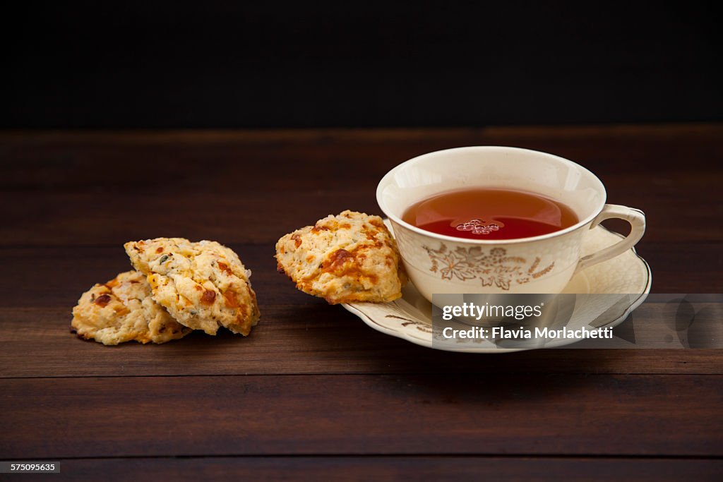 Tea and three homemade cheddar scones