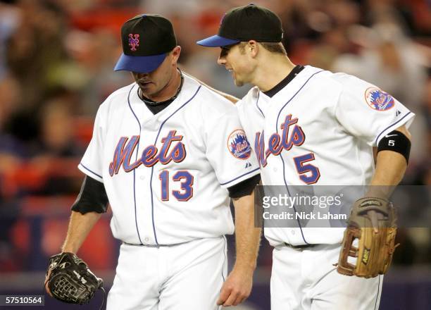 David Wright of the New York Mets talks to closer Billy Wagner at the top of the ninth against the Washington Nationals on May 1, 2006 at Shea...