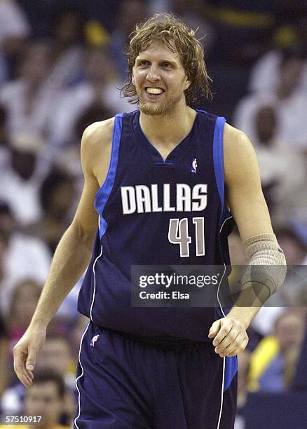 Dirk Nowitzki of the Dallas Mavericks smiles in the second half against the Memphis Grizzlies in game four of the Western Conference Quarterfinals...