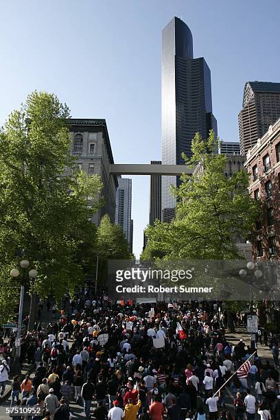 People march toward downtown in support of immigrant rights May 1, 2006 in Seattle, Washington. Immigrants and their supporters around the nation are...