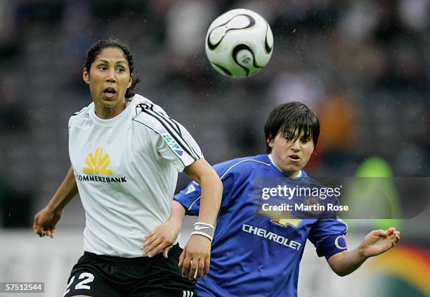 Ariane Hingst of Potsdam and Steffi Jones of Frankfurt in action during the Women's DFB German Cup final between 1.FFC Turbine Potsdam and 1.FFC...