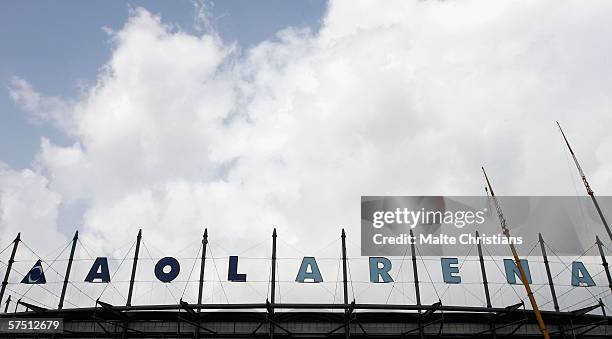 The letters of the stadium are seen at the AOL Arena on May 2, 2006 in Hamburg. The letters of the sponsor will be removed for the FIFA world Cup...