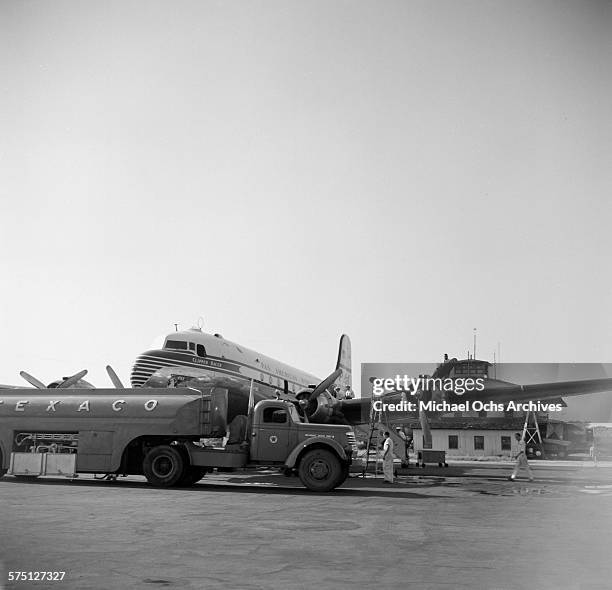 Pan-American World Airways DC-4 Clipper racer waits on the tarmac at Val de Cans International Airport in Belem,Brazil.