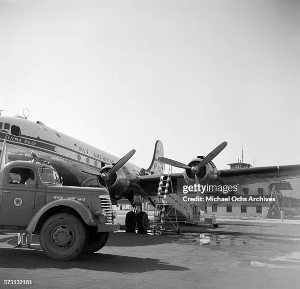 View of an Pan-American DC-4 Clipper racer on the tarmac at Val de Cans International Airport in Belem,Brazil.