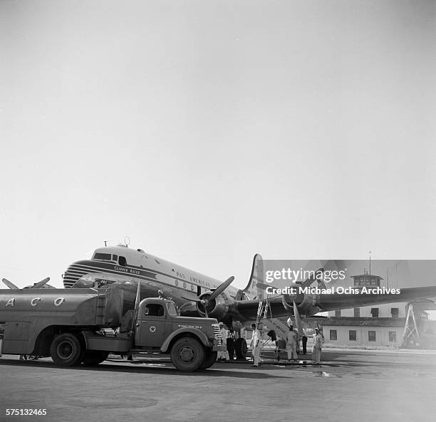 Pan-American World Airways DC-4 Clipper racer waits on the tarmac at Val de Cans International Airport in Belem,Brazil.