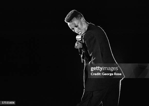 Jamaican-born singer, fashion model and actress Grace Jones performs onstage during a 1981 concert at Lion Country Safari in Irvine, California. The...