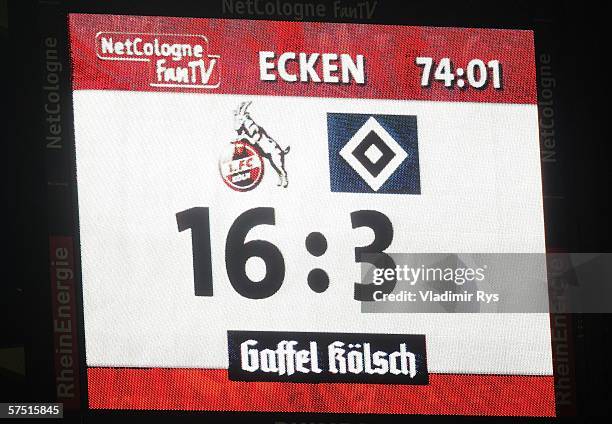 General picture of a score board showing the corners statistics during the Bundesliga match between Cologne and Hamburg SV at the Rhein Energie...