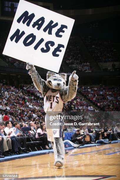 Sly, the mascot of the New Jersey Nets, gestures to the crowd before the Nets face the Indiana Pacers in game five of the Eastern Conference...