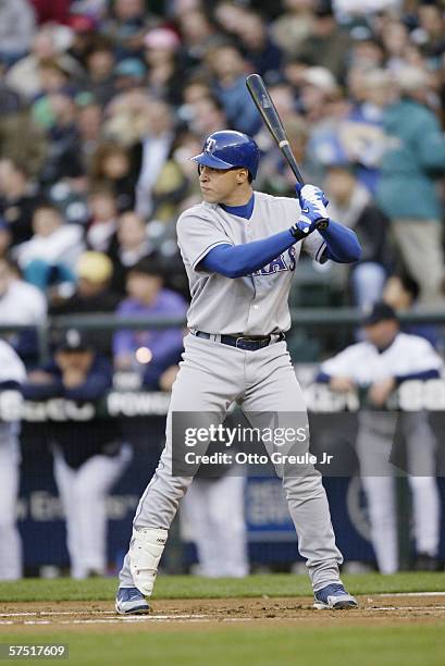 Mark Teixeira of the Texas Rangers bats against the Seattle Mariners on April 18, 2006 at Safeco Field in Seattle, Washington. The Rangers defeated...