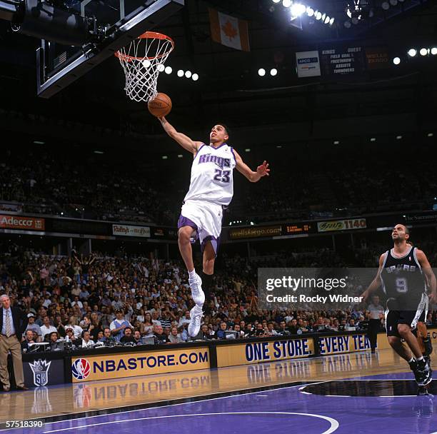 Kevin Martin of the Sacramento Kings takes the ball to the basket against the San Antonio Spurs in game three of the Western Conference Quarterfinals...