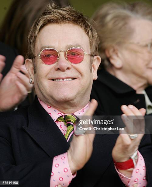 Elton John applauds during the Coca-Cola Championship match between Watford and Hull City at Vicarage Road Stadium on April 30, 2006 in London,...