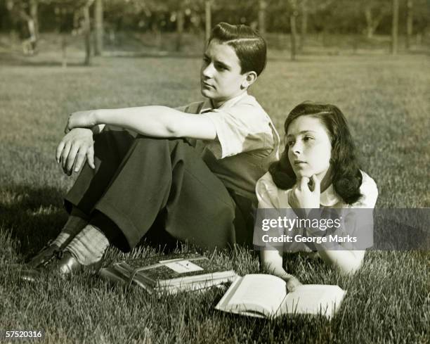 2 つのフィールドでのティーンエイジャーの休息 - 1940s couple ストックフォトと画像