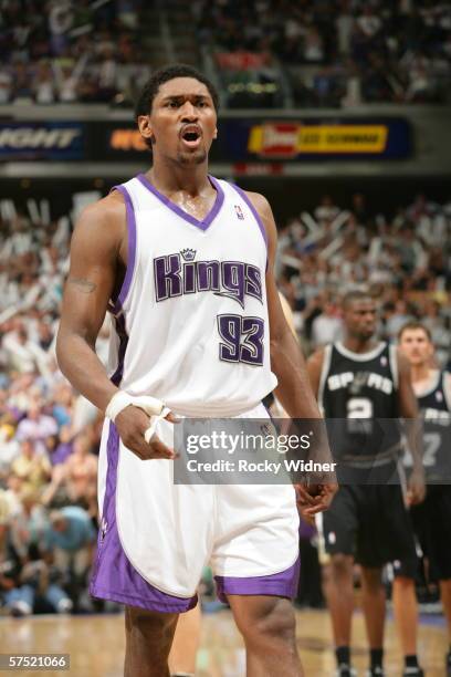 Ron Artest of the Sacramento Kings pleads his case to the referees against the San Antonio Spurs in game four of the Western Conference Quarterfinals...