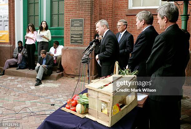 Senate Minority Whip Richard Durbin speaks as U.S. Senator Byron Dorgan , U.S. Senator Tim Johnson and U.S. Senator Max Baucus stand nearby during a...