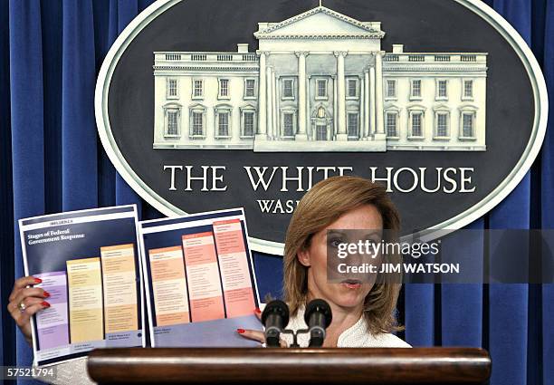 Washington, UNITED STATES: Assistant to the US President for Homeland Security and Counterterrorism Fran Townsend holds up a graph showing the...