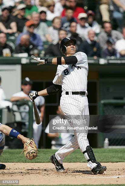 Alex Cintron of the Chicago White Sox swings at the pitch during the game against the Kansas City Royals on April 19, 2006 at U.S. Cellular Field in...