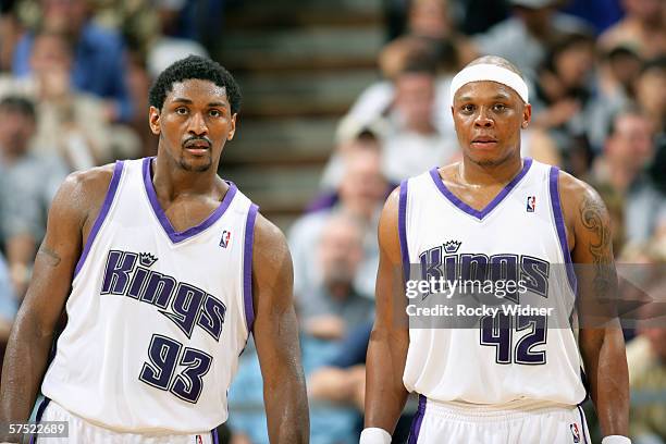 Ron Artest and Bonzi Wells of the Sacramento Kings get ready to take on the San Antonio Spurs in game three of the Western Conference Quarterfinals...