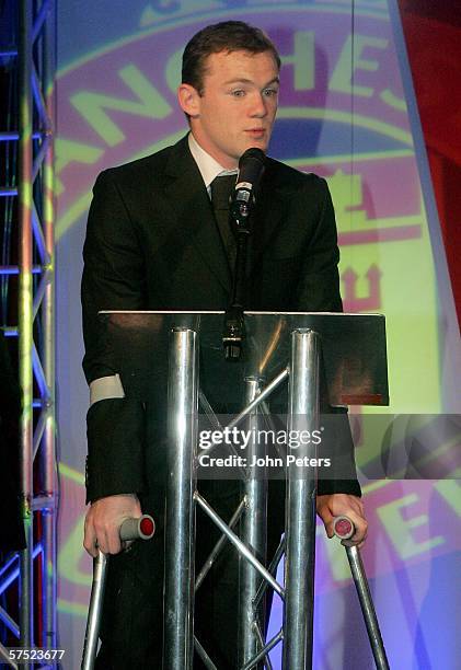 Wayne Rooney of Manchester United speaks after winning the Sir Matt Busby Player of the Year Award, voted by Manchester United fans as their favorite...