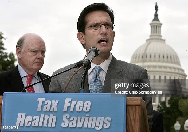 United States Treasury Secretary John Snow and Rep. Eric Cantor hold a news conference to introduce the Tax-Free Health Savings Act on Capitol Hill...