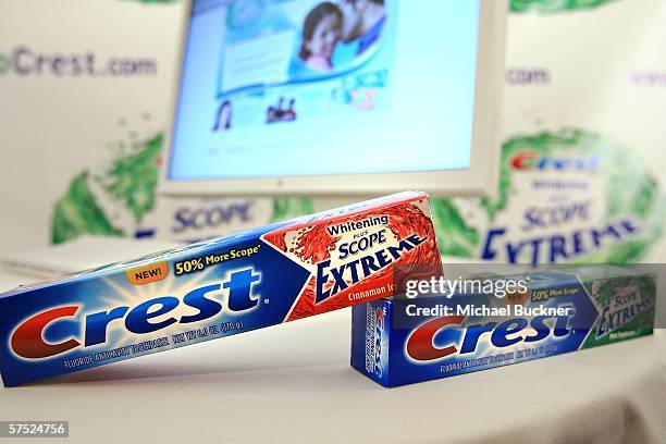 Crest display at the press conference to introduce Crest Whitening Plus Scope Extreme Toothpaste and the launch of www.AlientoCrest.com on May 3,...